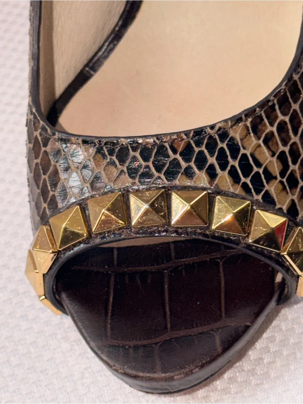 Michael Kors Brown Snake-Print Studded Peep Toe Heel